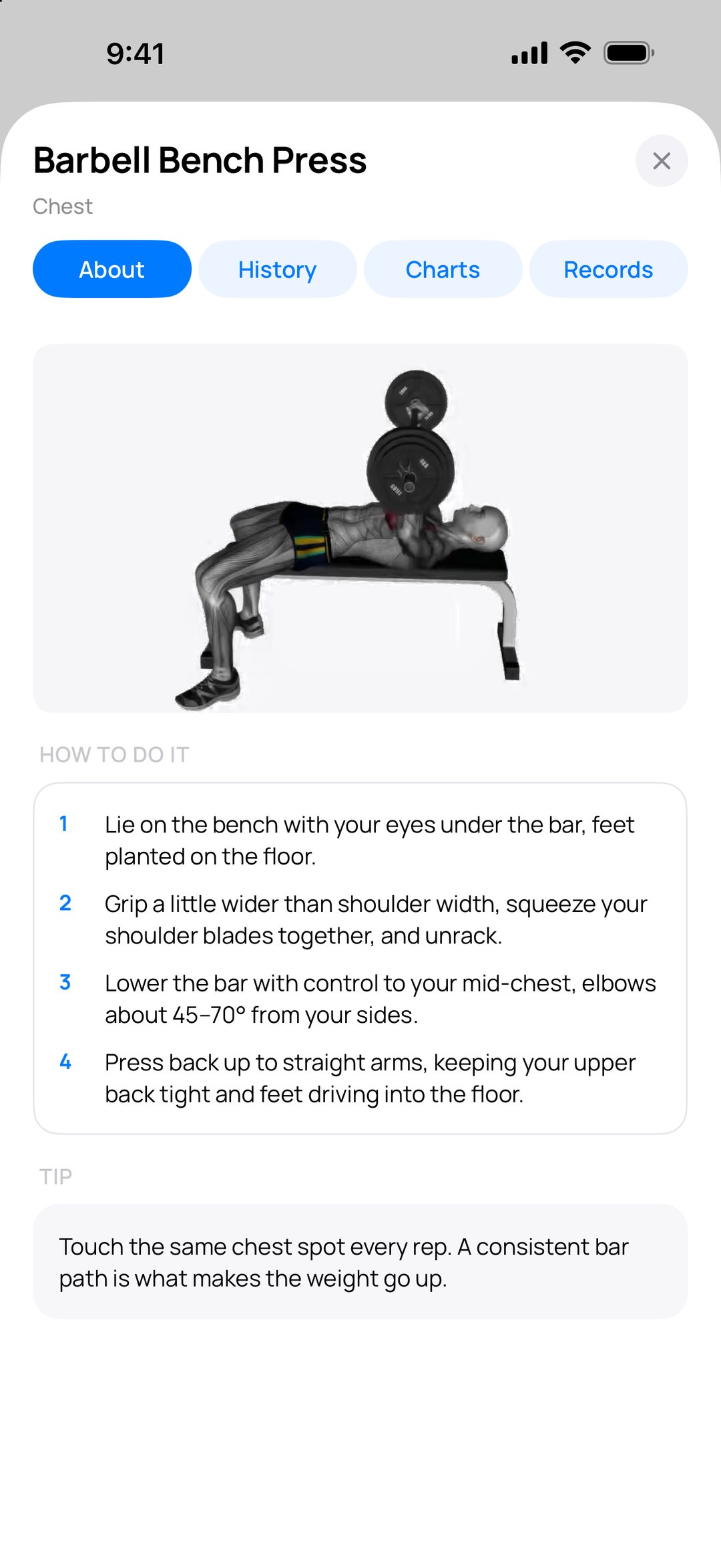 Exercise detail with a demonstration and numbered steps.